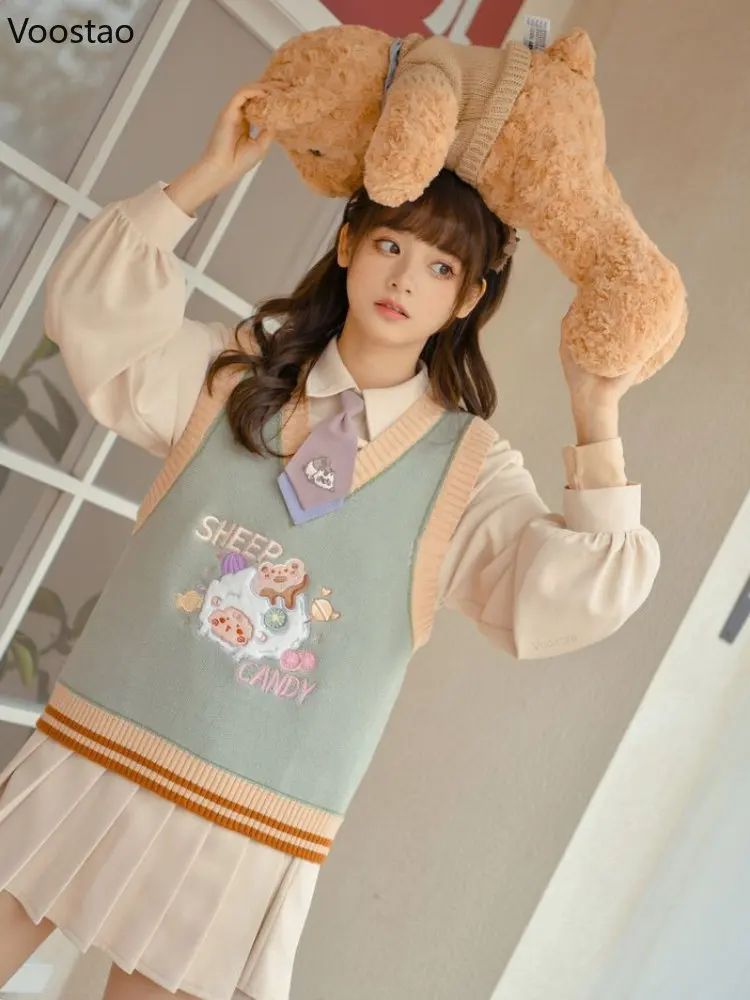 Japanese Fashion Cute Cartoon Embroidery Knitted Vest Spring Autumn Women Kawaii Sleeveless JK Sweater Girls Sweet Waistcoat