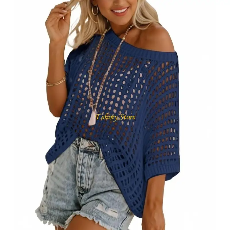 N58F Women's round neck short-sleeved sweater casual crochet openwork knit top pullover beach cover-up