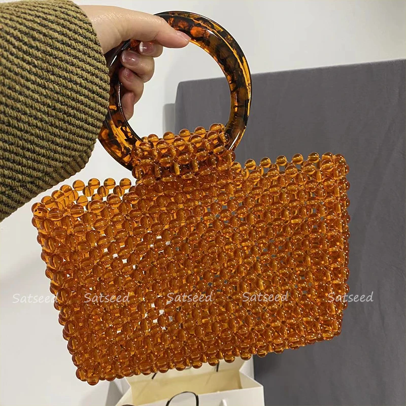 Casual Transparent Handmade Brown Beaded Hand-woven Women\'s Bag 2023summer Beach Tote Bags for Women Vintage Commuter Purses