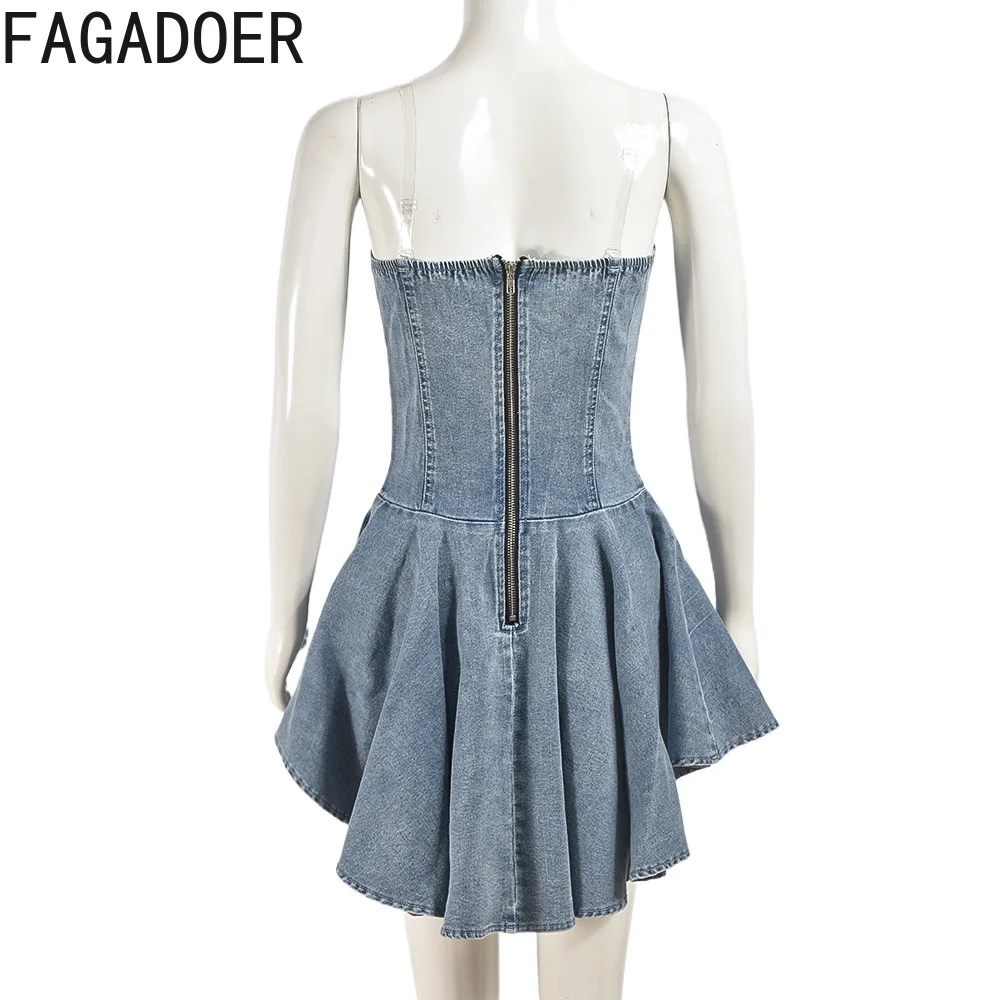 FAGADOER Fashion Denim Hollow Bandage Bodycon Mini Dresses Women Sleeveless Backless Lace Up Ruffle Vestidos Sexy Jean Clothing