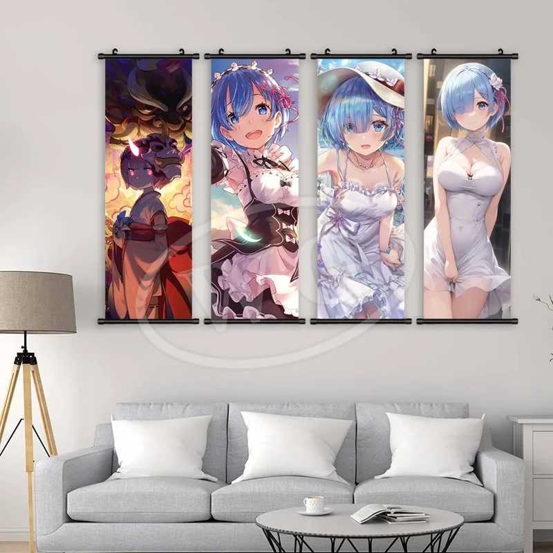 Re Zero Kara Hajimeru Emilia Rem Ram Scroll Canvas Wall Hanging Painting Home Decor Anime Poster Wall Art Room Decoration