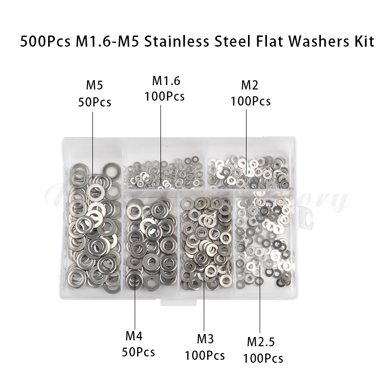 500 ชิ้น M1.6/M2/M2.5/M3/M4/M5 304 สแตนเลสสตีลแบนเครื่องซักผ้าปะเก็นโลหะธรรมดาเครื่องซักผ้าแหวน Assortment Kit