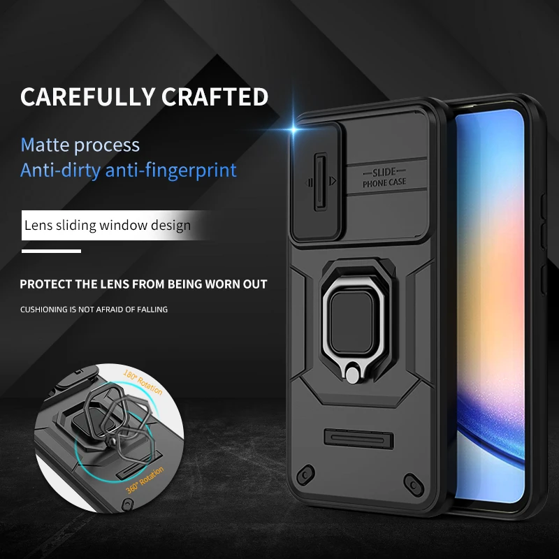 Shockproof Magnetic Ring Holder Armor Case For Samsung Galaxy M34 M15 F15 M55 F55 C55 M35 M56 Slide Lens Camera Protection Cover