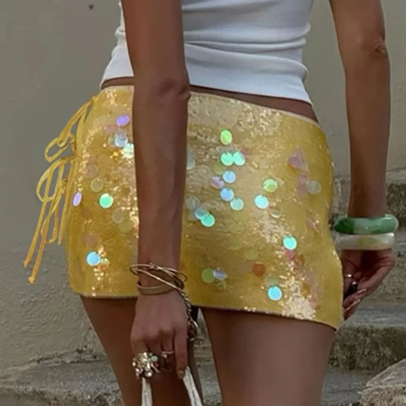 Sexy Hot Girl Shiny Sequin Club Mini Skirt 2025 Fashion Solid Color Lace-up Short Skirt High Street Glitter Party Wrap Hip Skirt