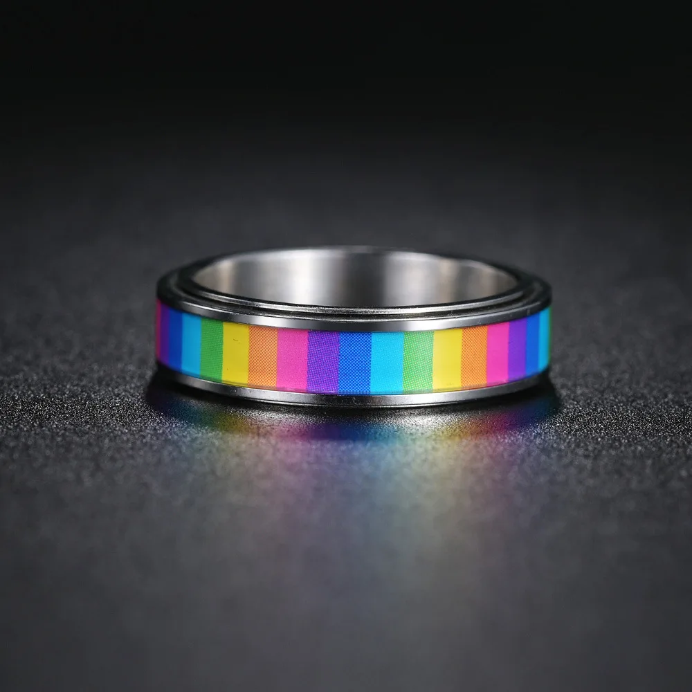 Rainbow Color Anxiety Rings For Women Men Stainless Steel Rotate Freely Fidget Spinning LGBT Pride Ring Accessories Jewelry Gift