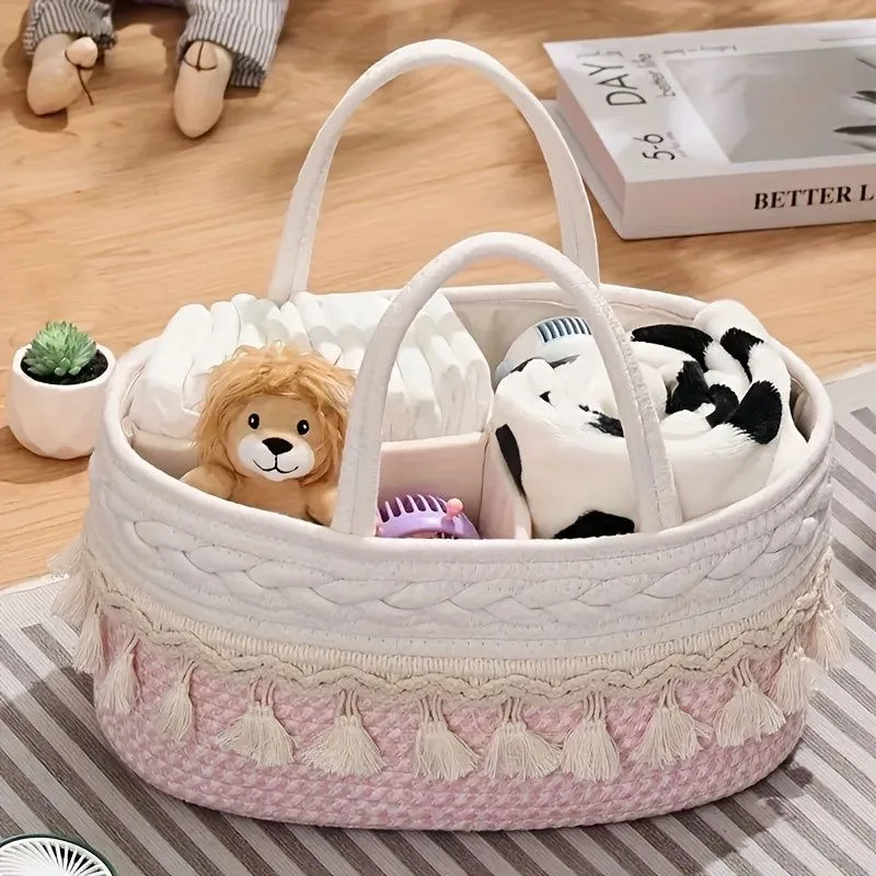 Tassel Hand Woven Storage Basket Portable Storage Box Milk Bottle Diaper Storage Basket Large Capacity Household Organization