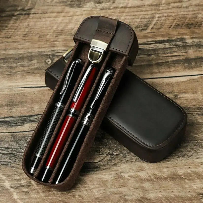 R53C Leather Pen Box Fountain Pen Case for 3 Writing Tool and Simple Office Carry Use