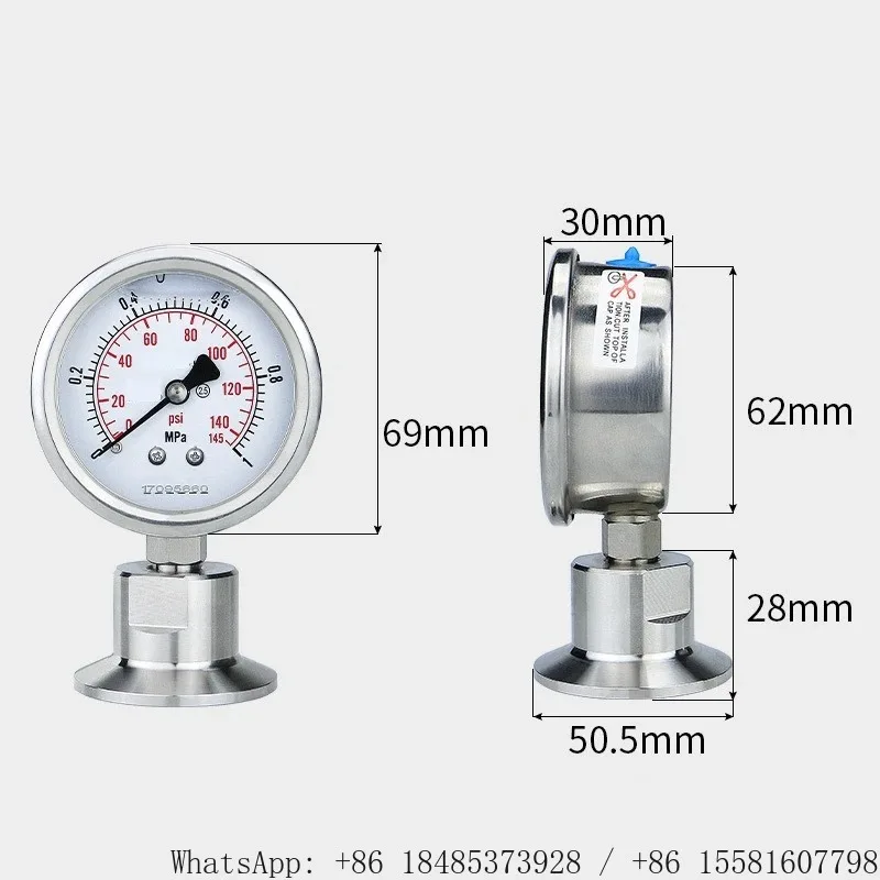 Liquid Filled Diaphragm Pressure Gauge SS304 Sanitary Tri Clamp 50.5mm 64mm Clamp Type Manometer