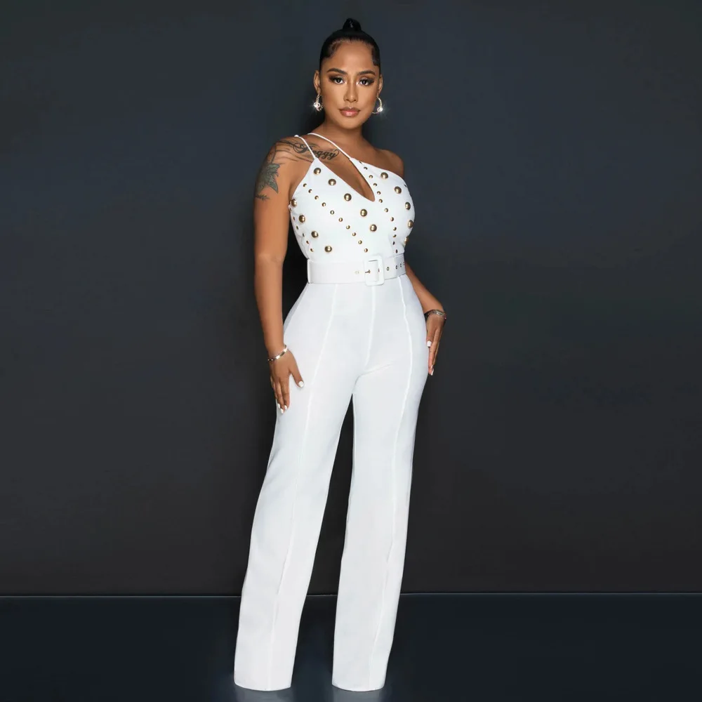 Sexy Beaded Elegant Jumpsuit With Belt Women One Piece Outfit 2023 Autumn Street Straight Pants Female Irregular Luxury Jumpsuit