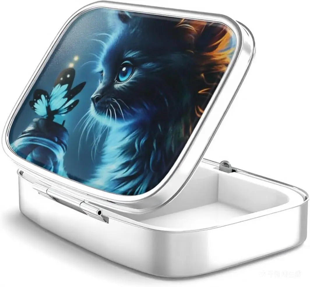 Pill Box with Animal Style Mirror All-in-One 2-Compartment Portable Medicine Organizer, Marble Pattern Travel Pill Case for Vita