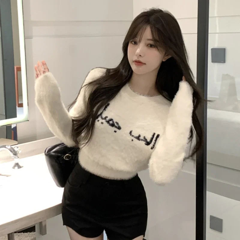 

Crop Sweaters Women Autumn Winter Letter Print Fluffy Long-sleeve Fashion Design All-match Elegant O-neck Tender Gentle Temper