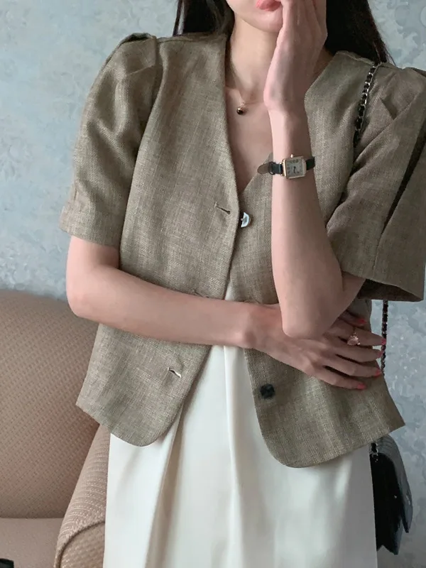 

Chic Casual V-Ne Tee-Button Bubble Sve ort Sve Jaet Dongda Gate Sle Thin Top Women's Summer Faion Outerwear
