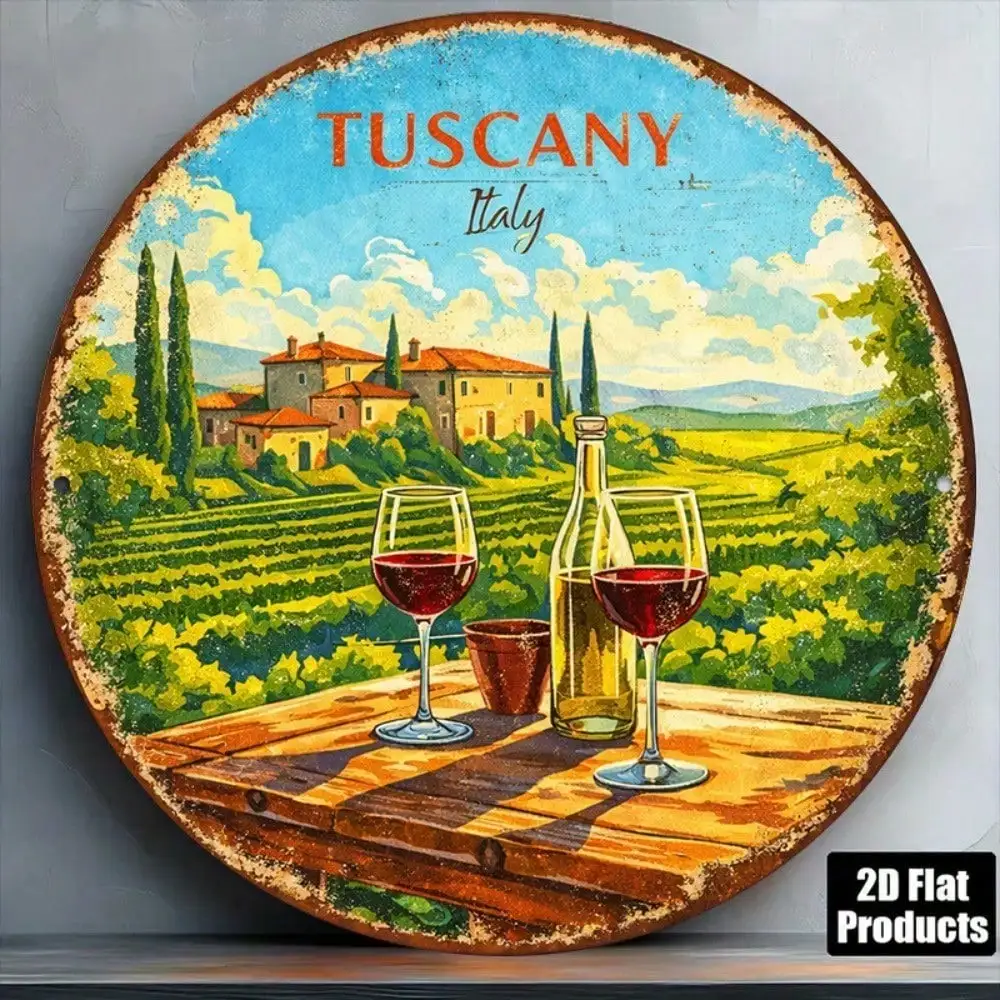 8x8in Vintage Tuscan Vineyard Round Sign Italian Wine Farmhouse Decor Metal Sign