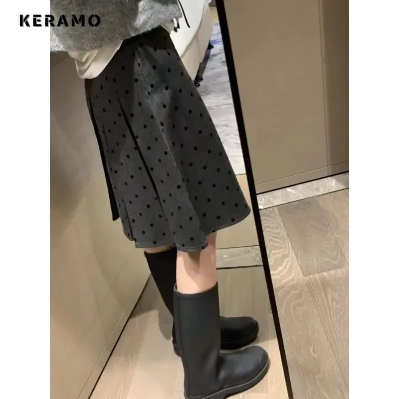 Factory Price Retro Wear Two Sides Wear Pleated Polka-dot Skirt Women 2025 Fall/winter New Fashion Gray A-line Skirt