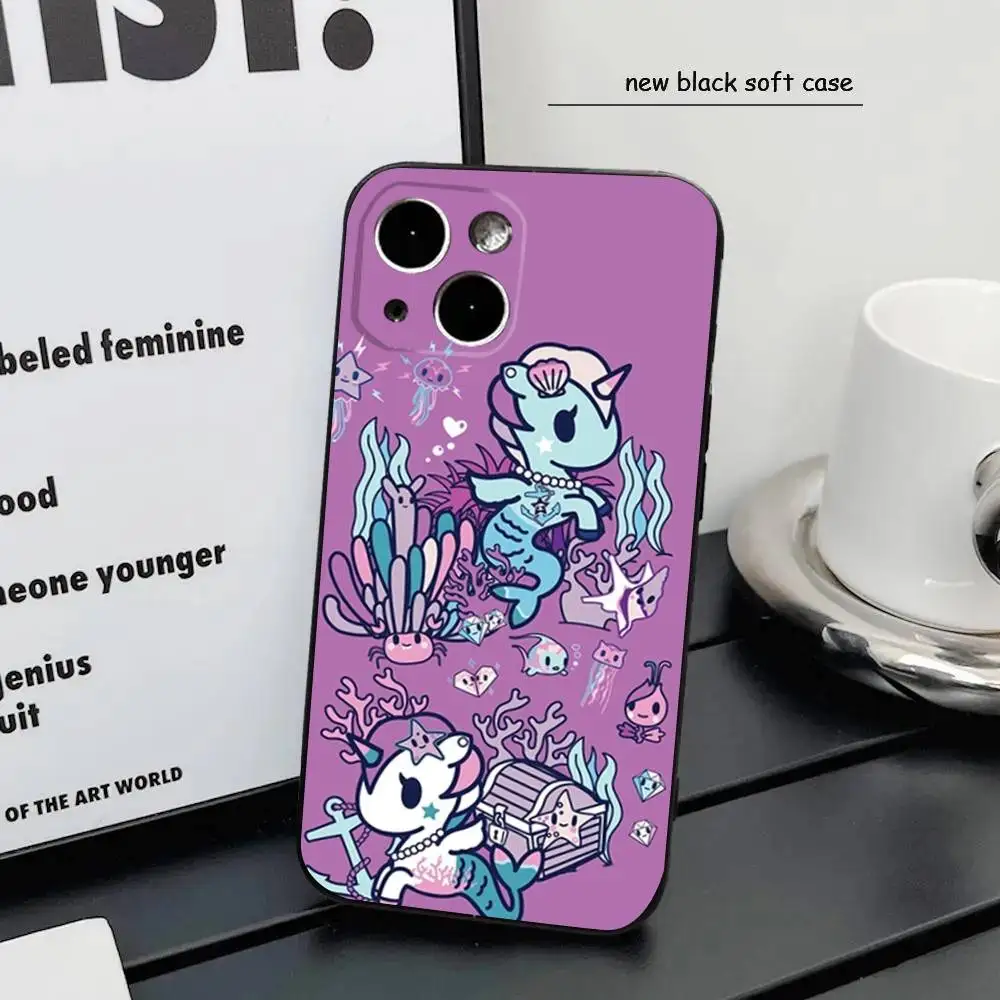 iPhone16,15,14,13,12 Mini 11 Pro XR,X,XS,MAX 7,8 Plus 실리콘 커버 소프트 블랙 용 귀여운 T-Tokidokis 유니콘 전화 케이스