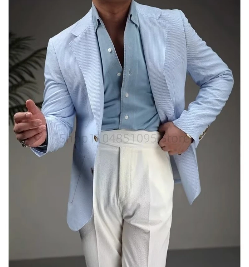 

Летний мужской пиджак в синюю полоску, повседневный пиджак с лацканами для ужина, вечеринки, жакет из хлопчатобумажной ткани, облегающий свадебный деловой костюм, пальто только один