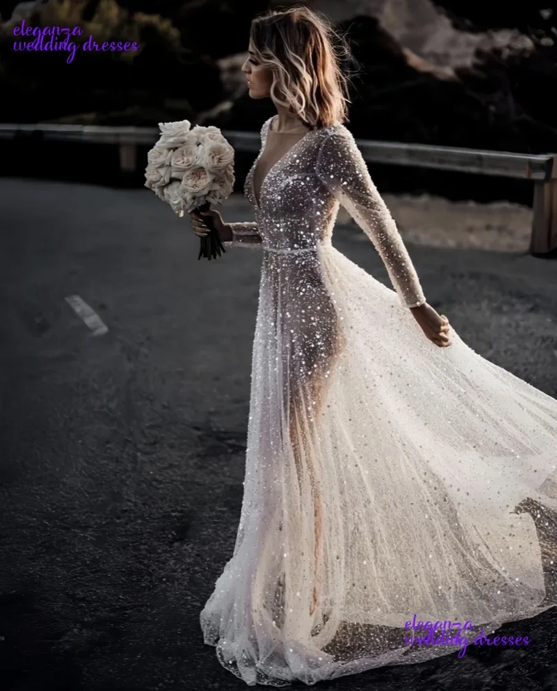 Abiti da sposa moderni personalizzati con paillettes con scollo a V maniche lunghe lunghezza pavimento abiti da sposa senza schienale Robe De Marié 2025