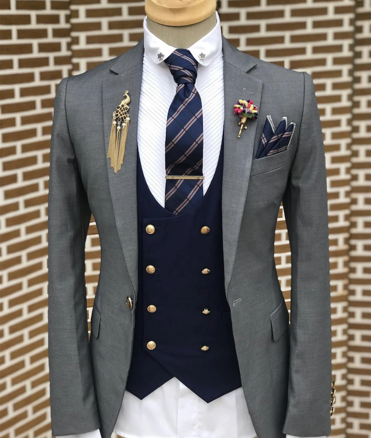 Men's Suit 3 Piece Wedding Groom Tuxedo Notched Lapel Formal Jacket Navy Blue Pants Vest Male Business Blazer costume homme