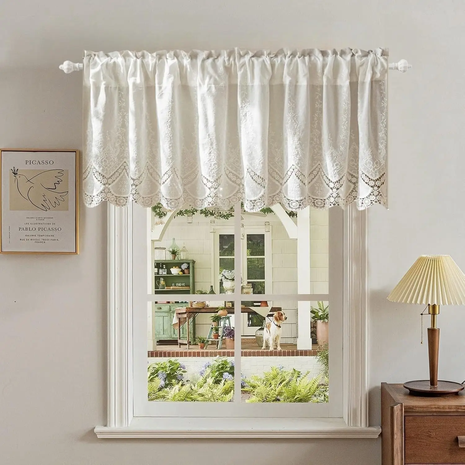 

Farmhouse Cotton Curtain, Elegant Floral Lace Window Treatment, White Floral Short Curtain for Kitchen Bedroom Bookshelf,1 Panel