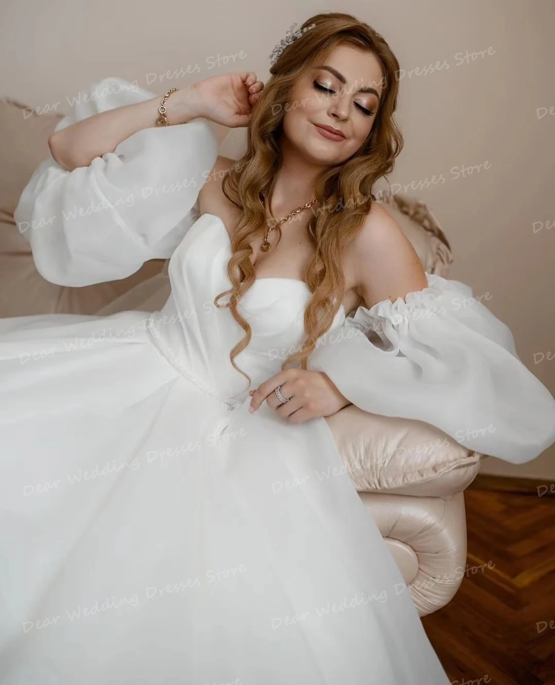 Robe de mariée en tulle à manches bouffantes pour femme, robe trapèze, élégante, moelleuse, pour les patients