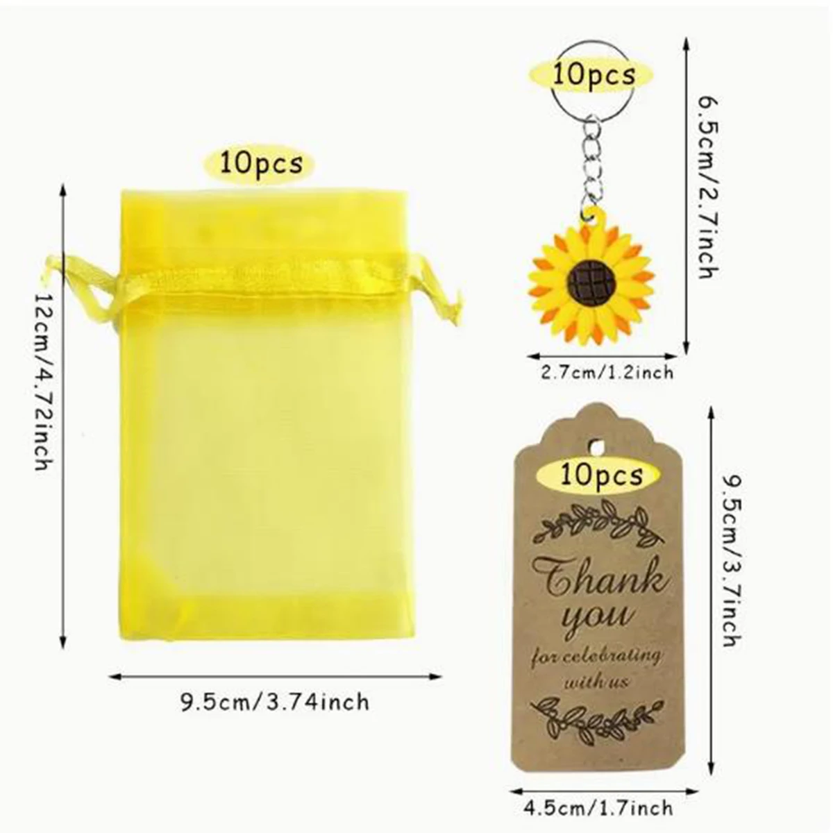 Set/30 pieces, Sunflower Keychain Party Gift Set, including 10 sunflower keychains, 10 organza bags, and 10 thank you kaf tags f