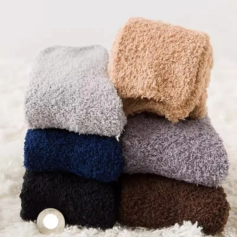 Men Coral Fleece Socks Winter Thick Plush Thermal High Quality Solid Color Home Floor Warm Sock Cold Snow Boot Male Cotton Socks