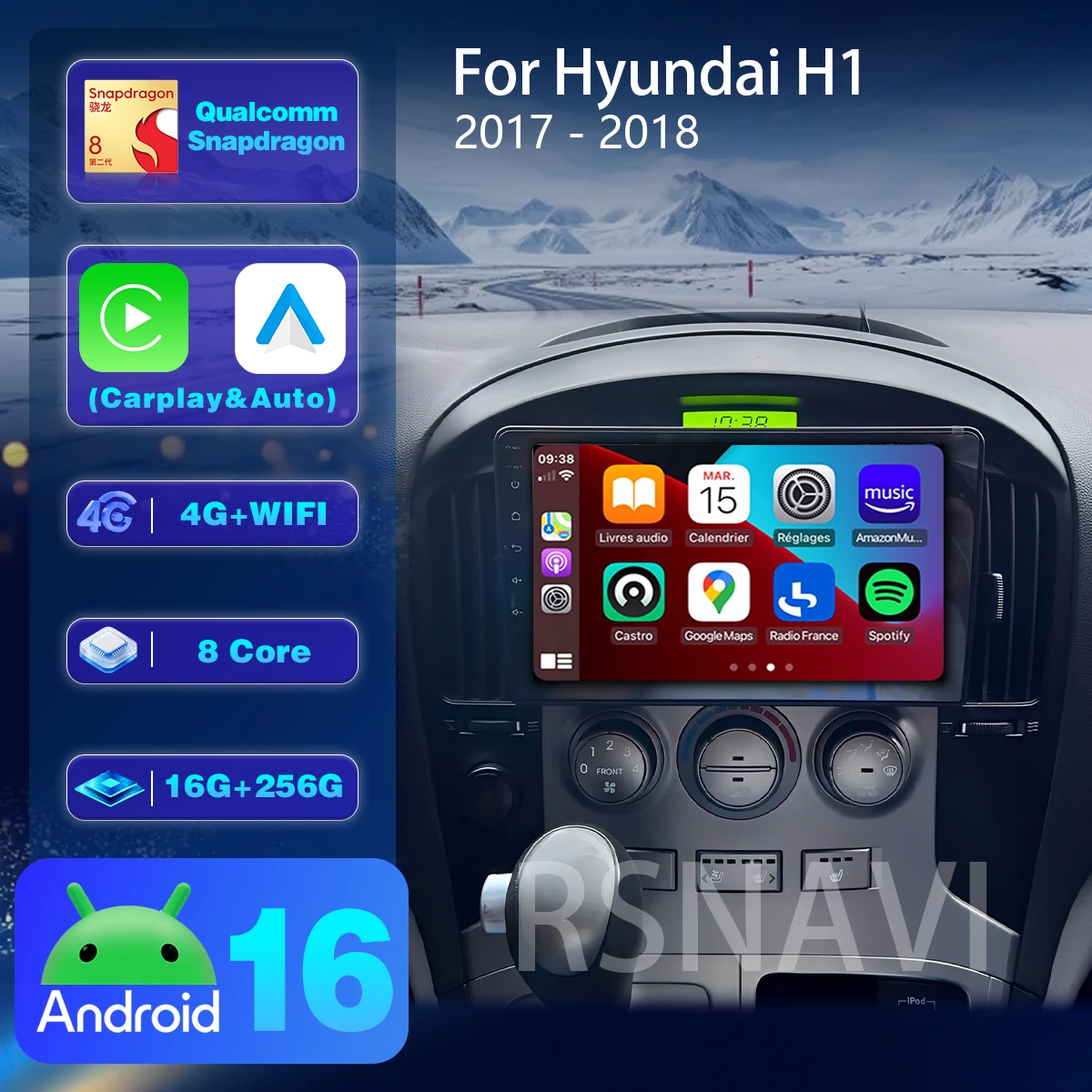 Автомагнитола с QLED-экраном, Android 16, поддержкой CarPlay и Auto, GPS, стерео, DVD, BT, видео, DSP для Hyundai H1 2017-2018 годов выпуска.