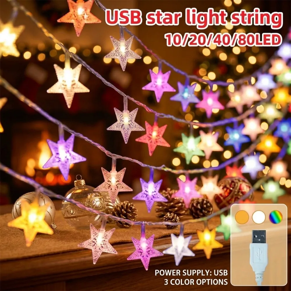 LED Star String Lights USB Powered 10/20/40/80LED Multi-Color for Christmas Tree Decor, Wedding Party, New Year, Home Decoration