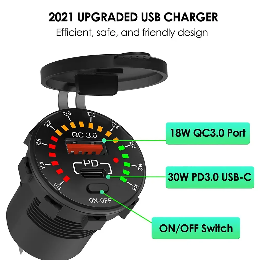 18W USB PD Car Charger Car Modification Accessories Waterproof Socket with LED Voltmeter Switch for Cars Motorcycles Boats