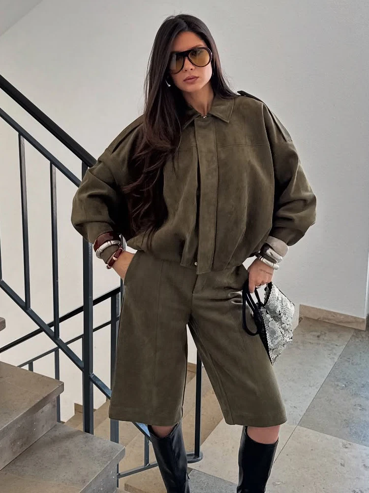 HH Vintage Women's Suede Texture Bomber Jacket Female Lapel Zipper Long Sleeve Casual Coat Soild Spring Street Outerwears