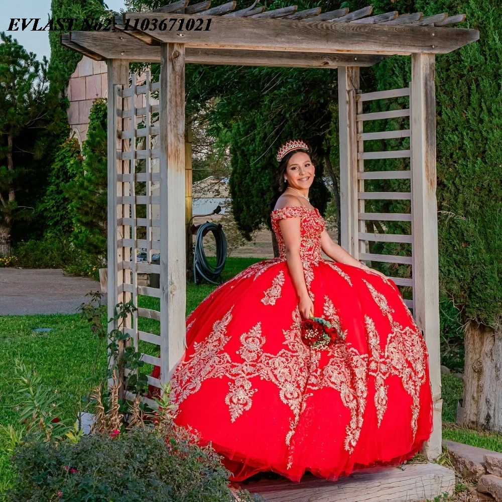 Evlast personalizado vermelho quinceanera vestido de baile ouro renda applique frisado méxico espartilho doce 16 vestidos de 15 anos e2q14