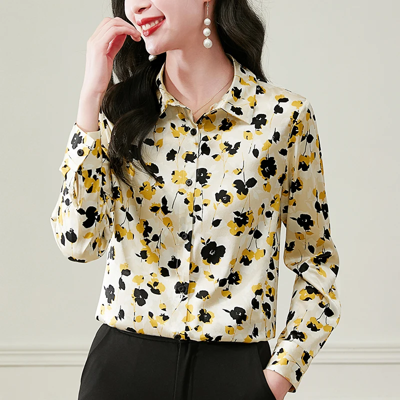 

19Momme Real Silk Women's Satin Shirt Elegant Shirts For Women Long Sleeve Casual Blouses Floral Print Woman Buttons Blouse Tops