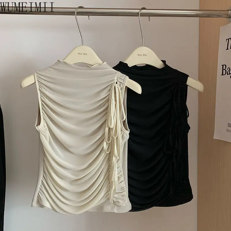 

Design sense niche double-layer mesh strap waist pleated semi-turtleneck vest sleeveless crimped top