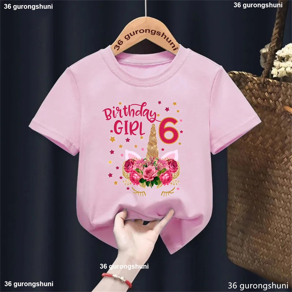 

Birthday Girl 5th/6th Unicorn Flowers Graphic Printed Tshirt Girls Rose Kawaii Kids Clothes White/Pink/Blue/Black T-Shirt