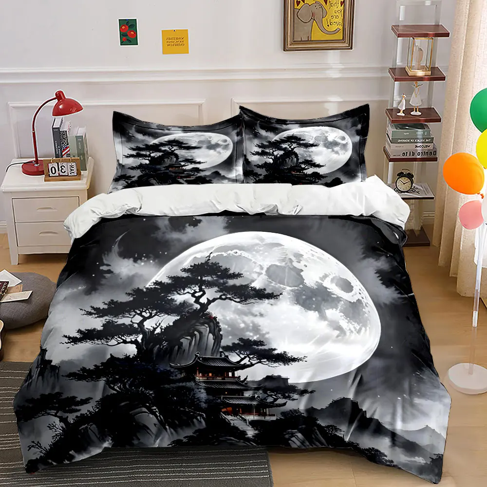 Ancient pavilion under the moon serene Print Bedding set 3PC 1 duvet cover 2 pillowcases adult and children bedding set Luxury