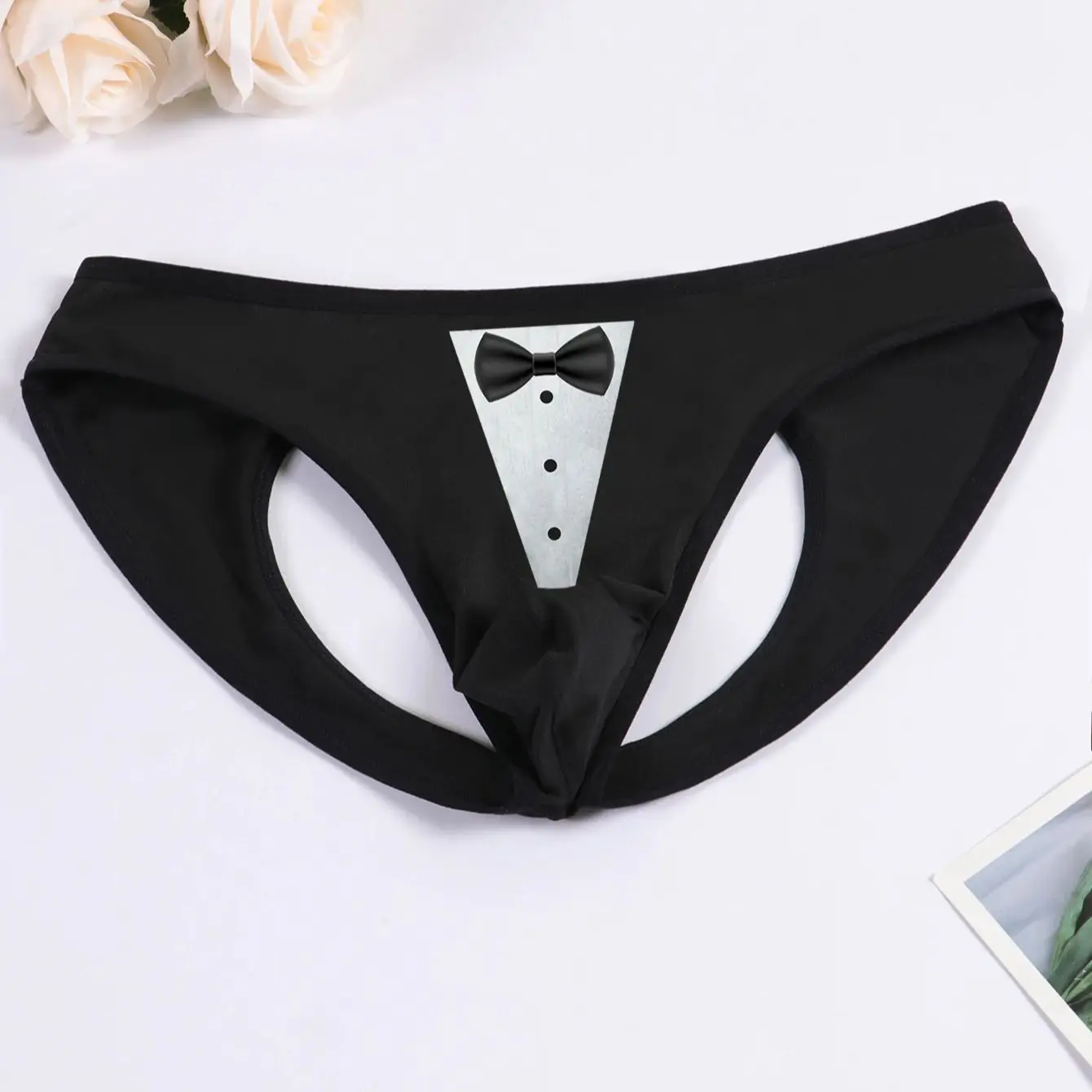 

Men's Sexy Underwear with Bow Ties Prints Cut-out Underwear Bulge Pouch Underpants Trunks Mini Panties with holes Male Lingerie