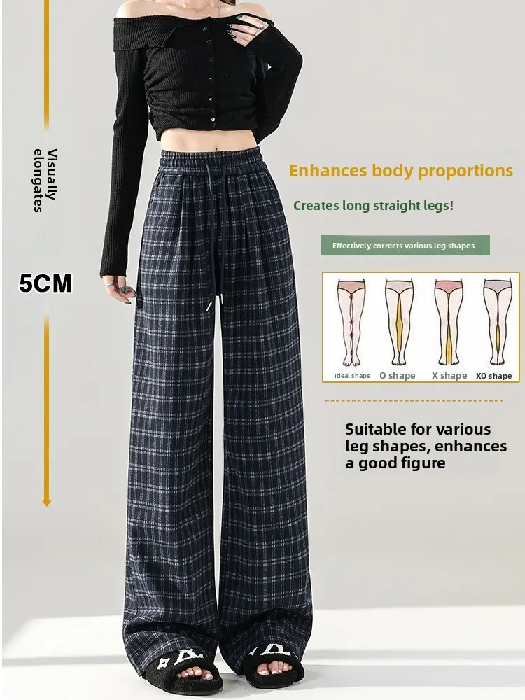 กางเกงขายาวลายสก็อตทรงหลวมเอวสูงสำหรับผู้หญิง ทรงตรง สไตล์ลำลอง สีน้ำเงิน เหมาะสำหรับใส่เดินเล่นในฤดูใบไม้ผลิและฤดูใบไม้ร่วง