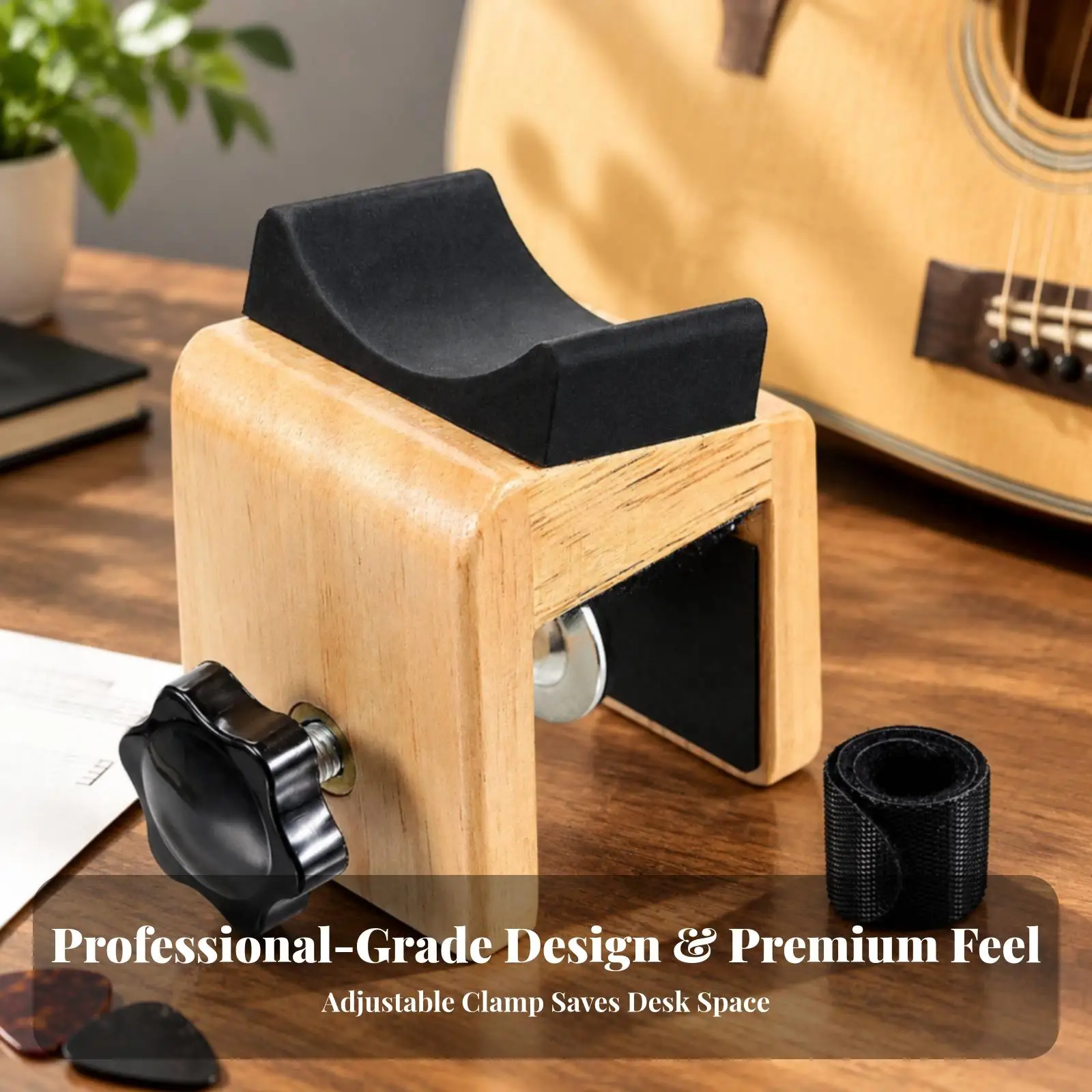 Wood Finish Industrial Pillow Guitar Holder with Metal Frame and Rolled Sleeve for Electric Guitar Storage Transport Space