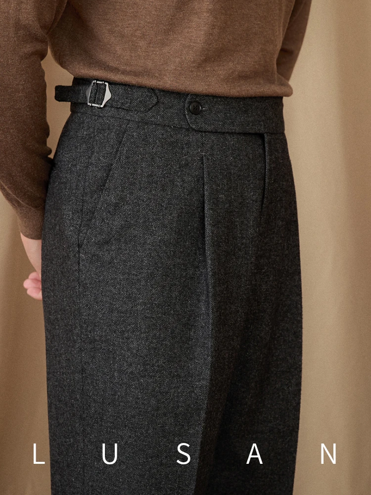 40% Wool Winter Thick Warm Naples Casual High Waist Straight Pants Commuter Retro Men