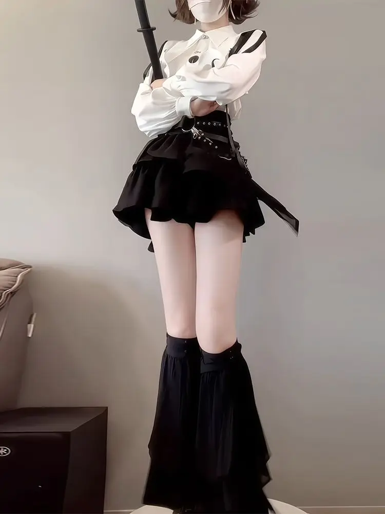 Estético y2k design novo conjuntos de 3 peças roupas femininas gótico botão design topos + preto cintura alta saia retro chique cinto conjuntos 2025