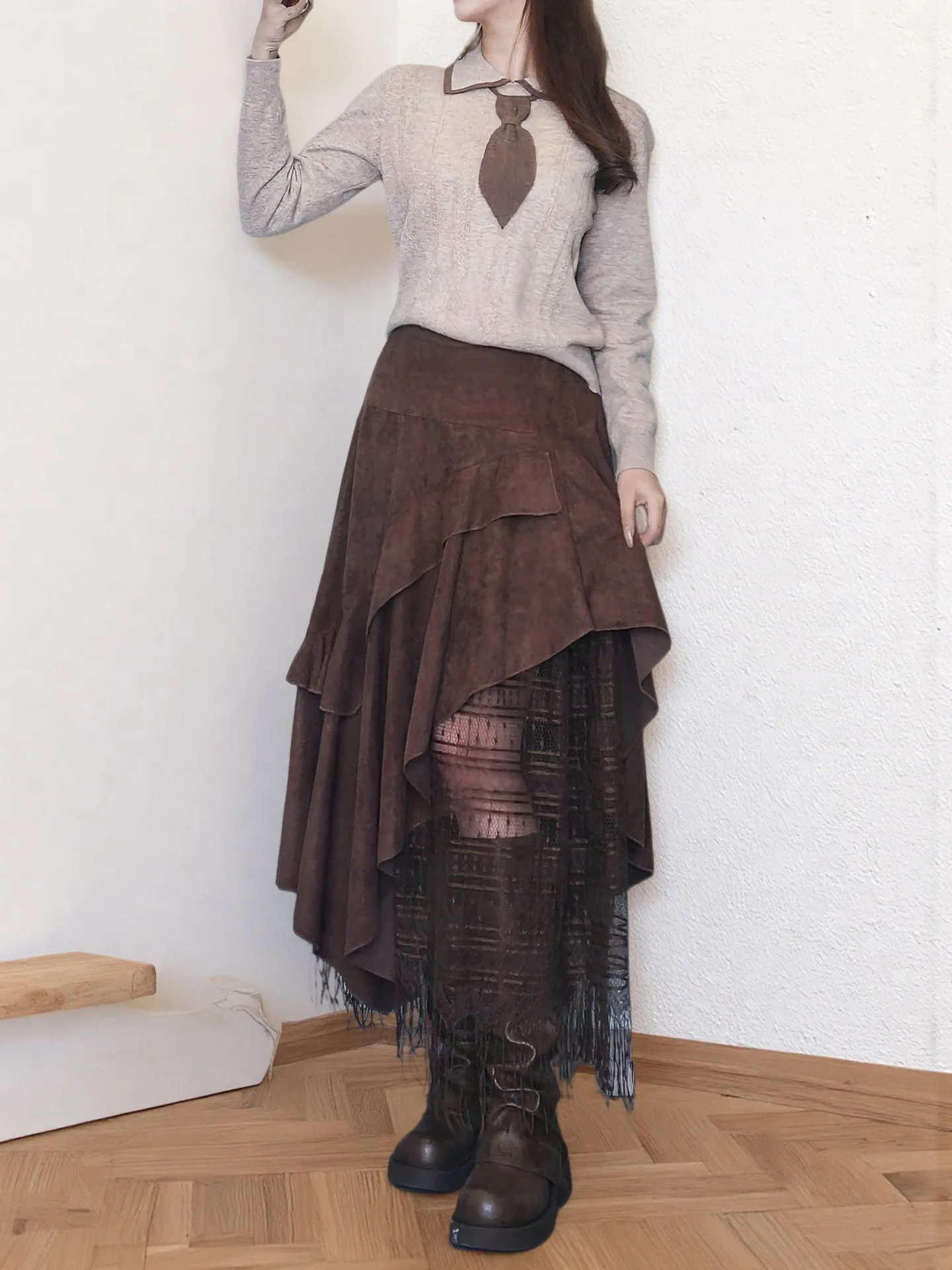 

Vintage Faux Suede Lace Patchwork Women's Skirts Irregular Hem Elastic High Waist Skirt 2025 Autumn Trend Solid Color Skirts