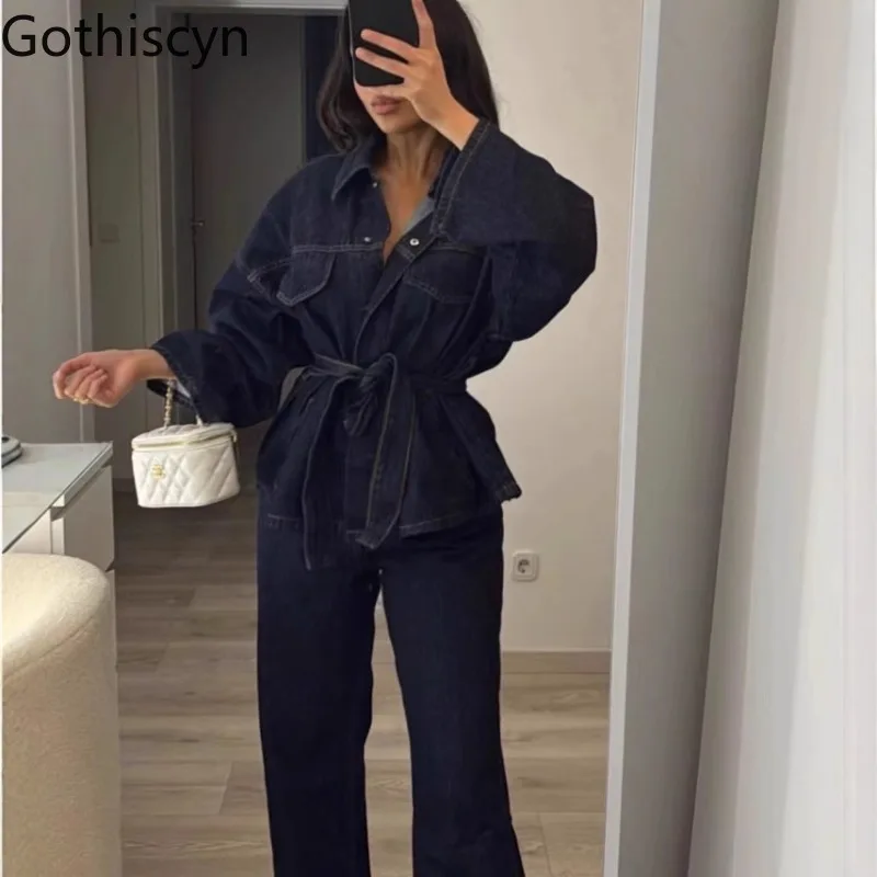 

Gothiscyn Casual Denim Set Women's Spring/Autumn Lace-up Denim Jacket Straight Leg Jeans Two-piece Set Fashion Female Clothes