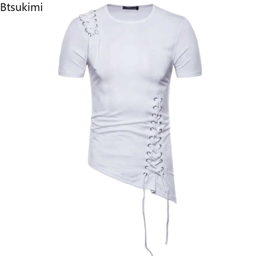 New2025 Men's Summer Short Sleeve T-shirts Trend Irregular Design Lace Up Solid Slim Tees Fashion Gothic Style Casual Shirts Men