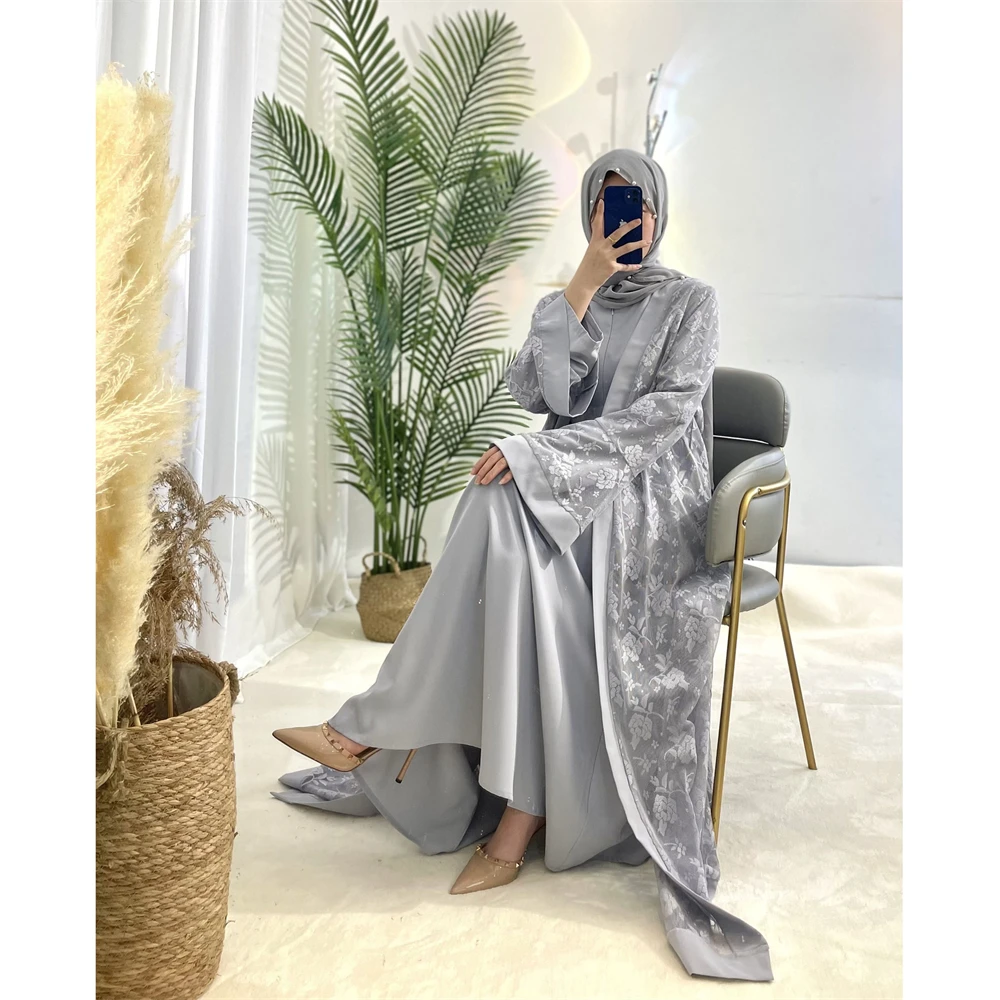 Imagem -05 - Vestido Casual de Renda Kaftan para Mulheres Abaya Muçulmana Dubai e Turquia Túnica Longa Islâmica Outono Conjunto de Peças