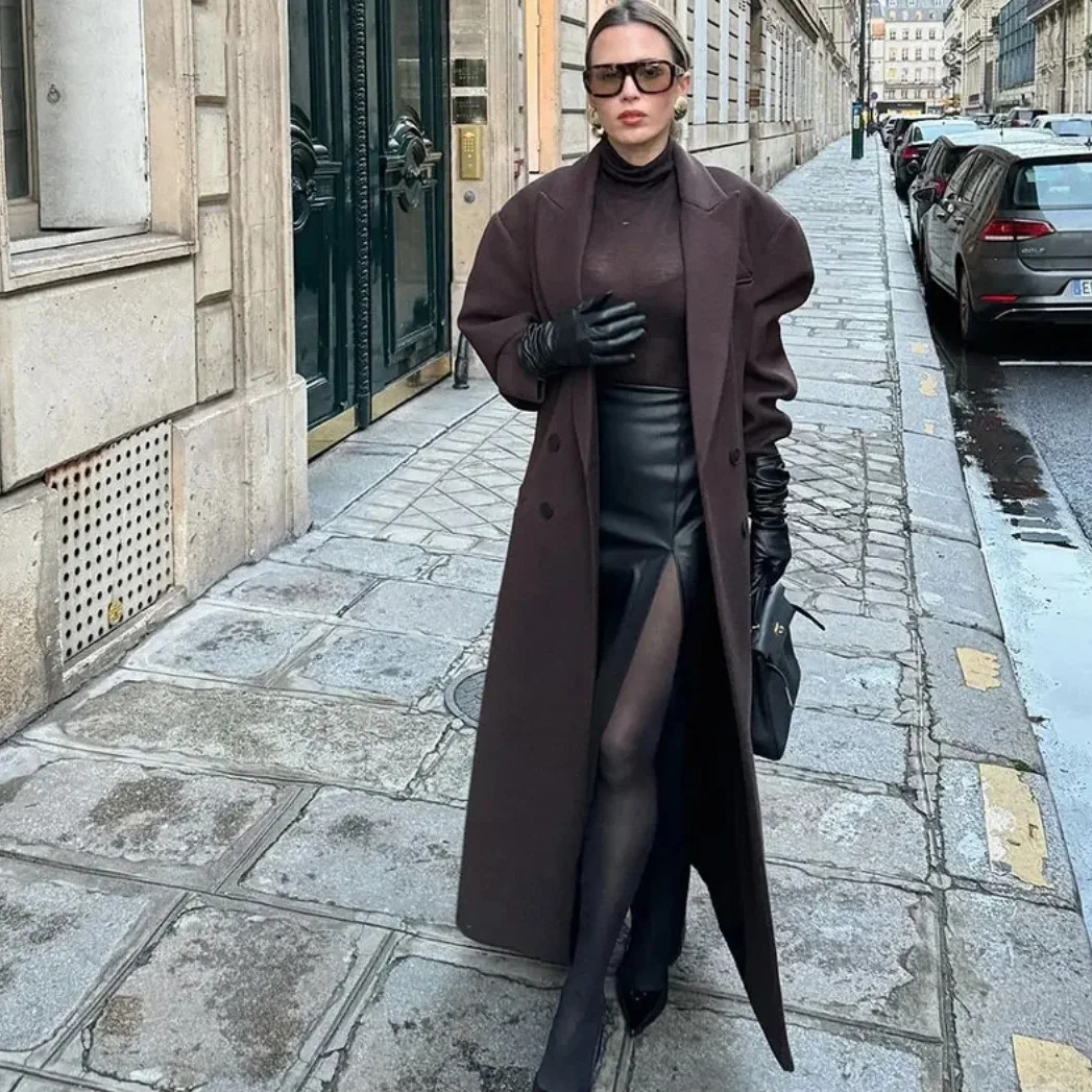 

2025 Elegant Woolen Double-breasted Lapel Woolen Overcoat with Pockets Long Sleeve Coats Casual Autumn New Lady High Streetwear