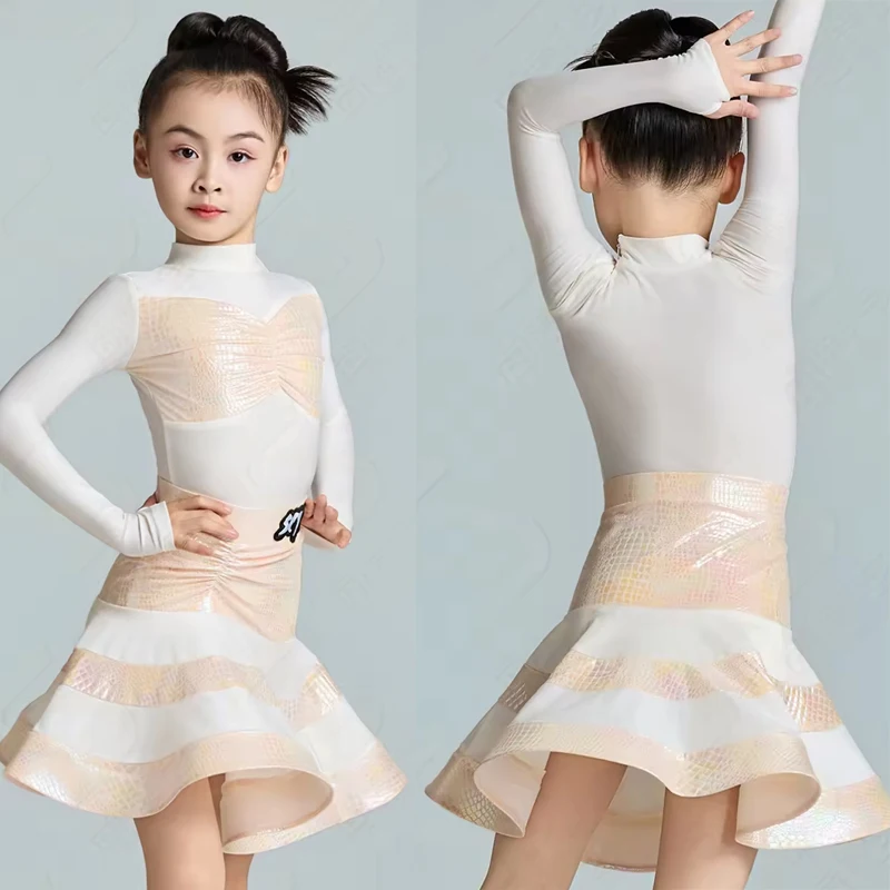 

Kids Latin Dance Clothes 2025 Winter New Practice Suit Long Sleeves Dress Girls RUmba Cha Cha Dance Performance Costume