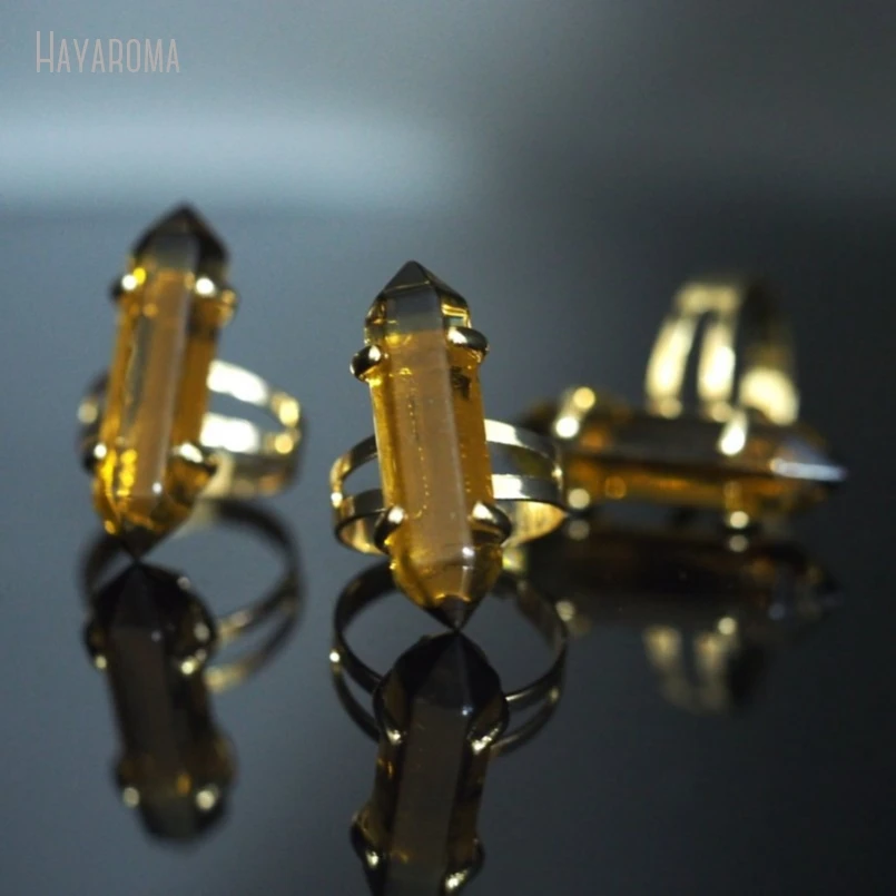 10Pcs Wholesale  Double Terminated Point Hexagon Gold Color Faceted Dark Brown Glass Crystal Ring