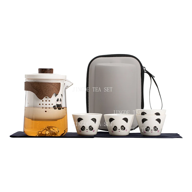 Ceramic Panda Portable TeaCup Set Traveling with 1 Pot and 4 Cups of TeaSet Self Use Underglaze Colored Kuaike Cup outdoors