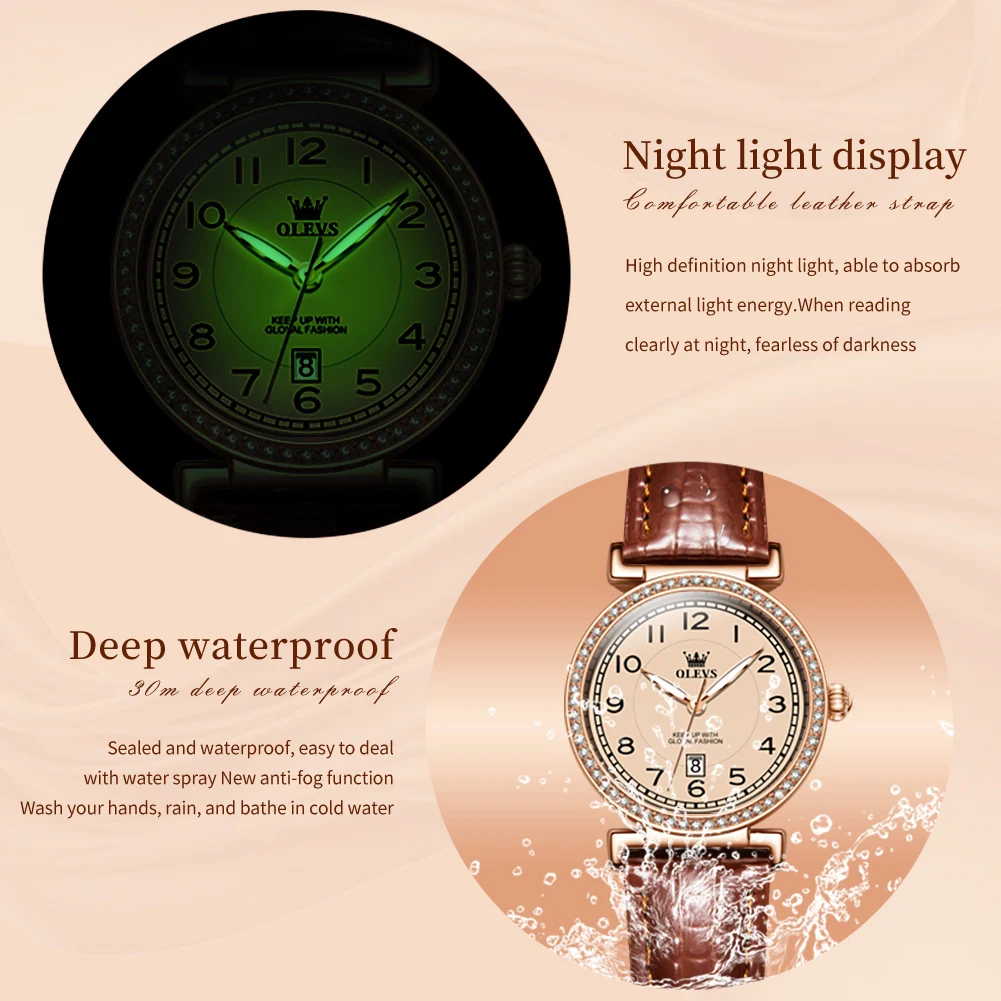 Olevs marca nova moda diamante relógio de quartzo para mulheres pulseira de couro luxo à prova dwaterproof água luminosa mãos calendário relógios das mulheres