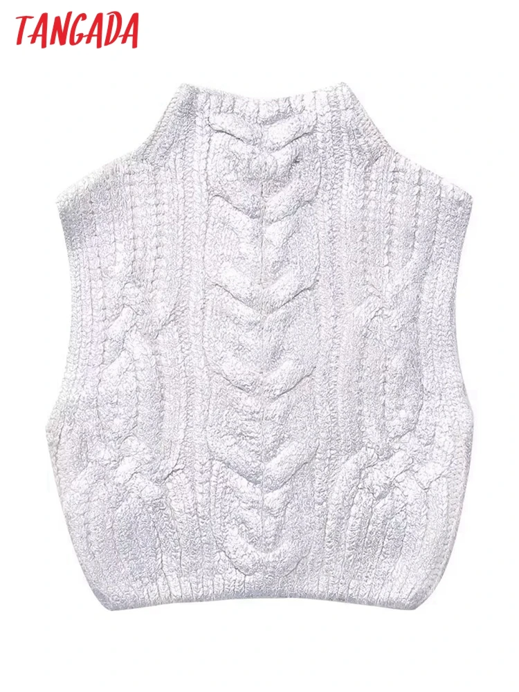 Tangada Women Metal Print Jaquard Knitted Waistcoat Sleeveless Female Crop Tops BE190